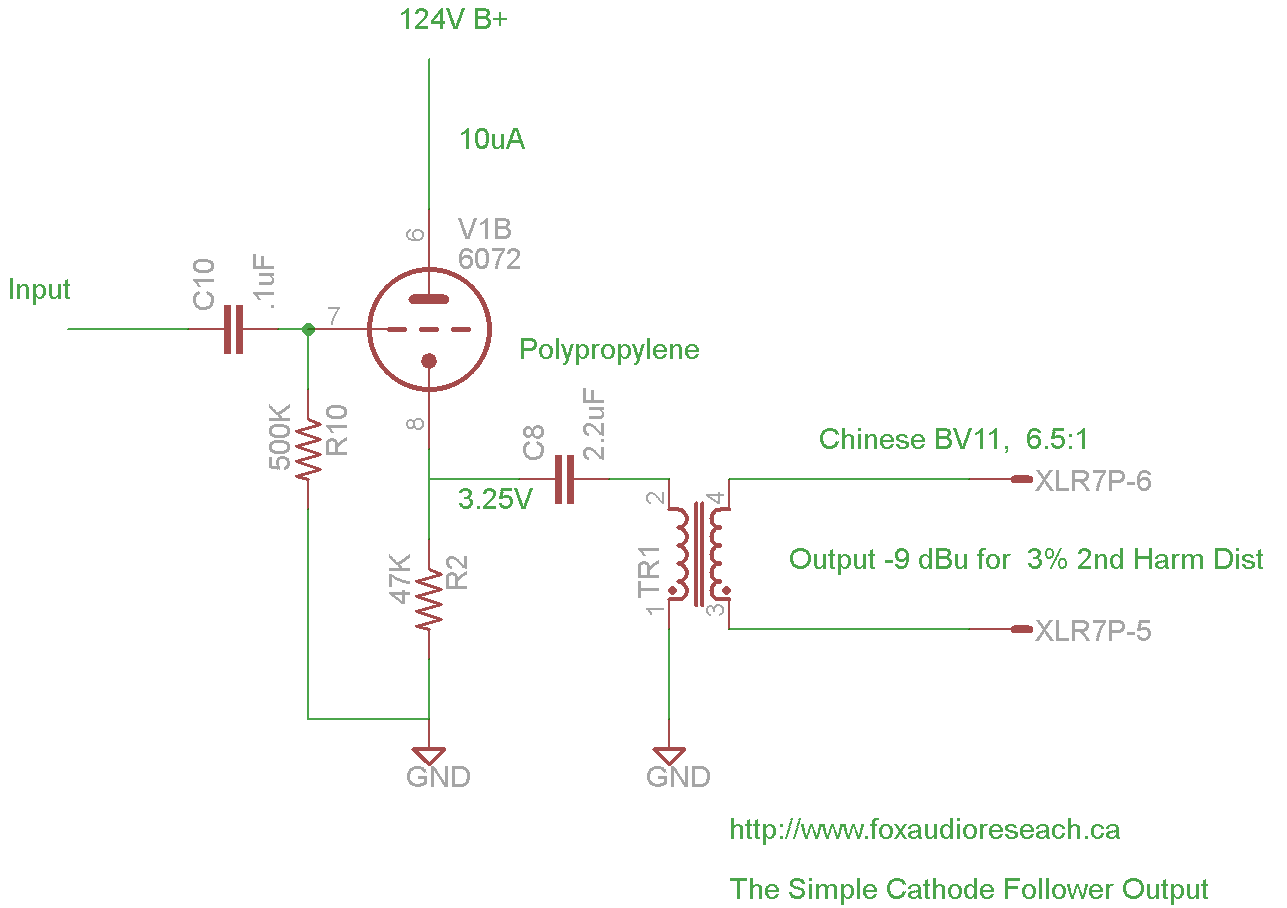 Simple Cathode follower circuit which has a grid resistor and a cathode resistor and the tube.  We also show how the cathode connects to the output cap and transformer primary coil.